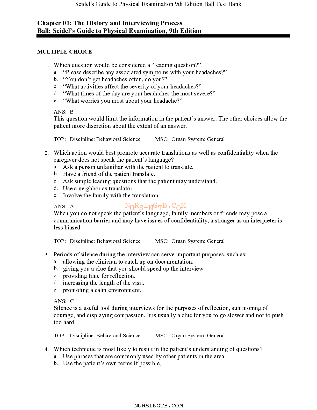 Seidel's Guide to Physical Examination 9th Edition Ball Test Bank